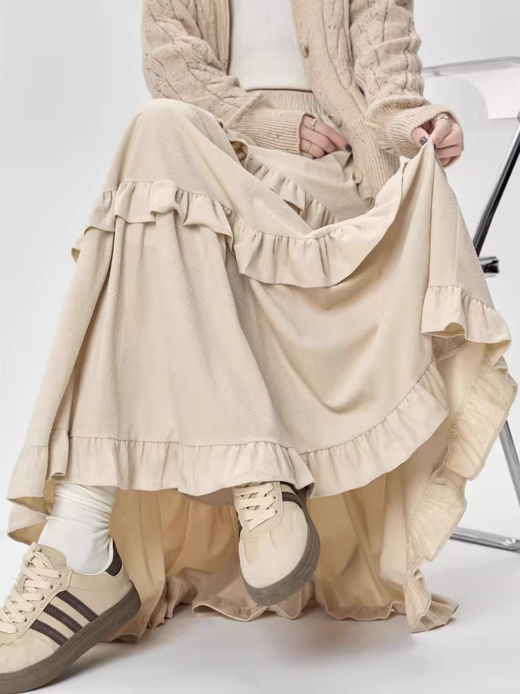 Váy bánh bèo La Chapelle dành cho nữ, mẫu mới thu đông 2025, cạp cao, xếp ly, dáng xòe dài trung bình