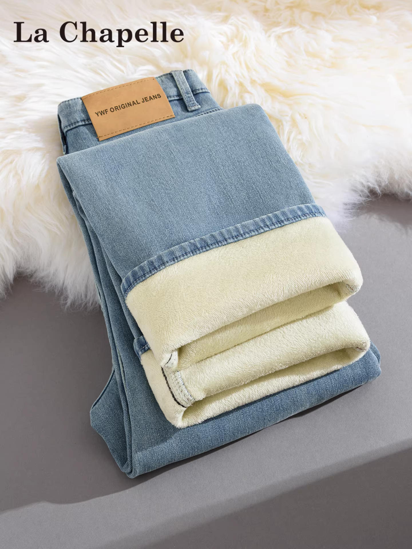 Quần jeans ống rộng lót lông màu sáng La Chapelle dành cho nữ, mẫu mới thu đông 2025, cạp cao, dáng ôm, ống đứng, kiểu quần thuốc lá