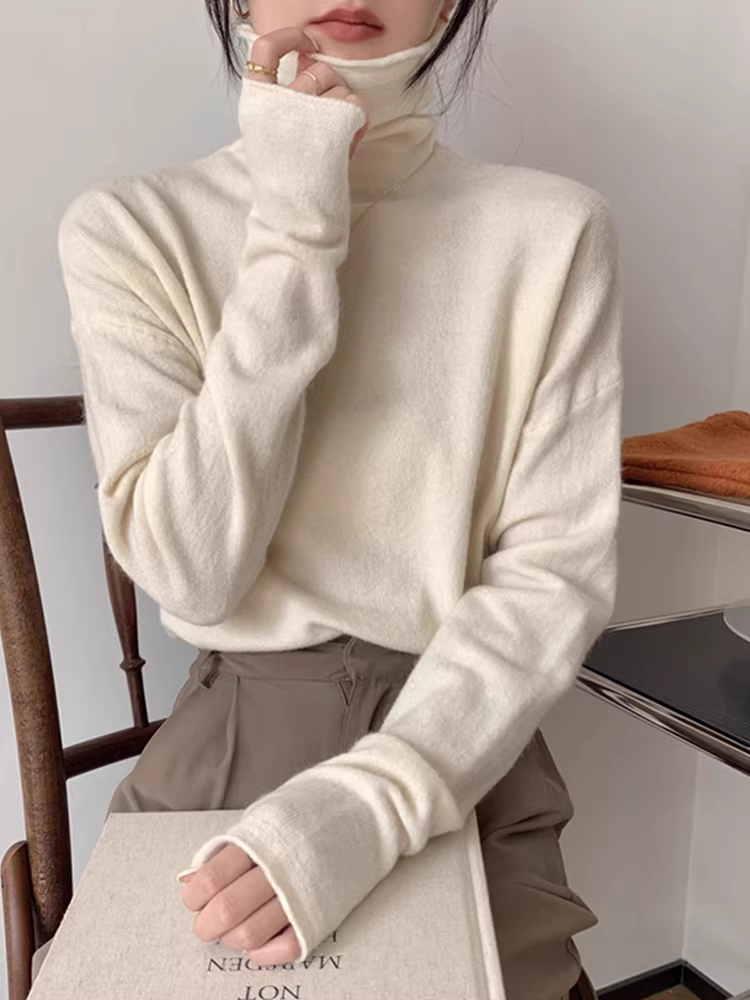 Áo len cổ lọ La Chapelle dành cho nữ 2025, mẫu thu đông mới, cổ xếp lớp, ôm dáng, mặc lót bên trong
