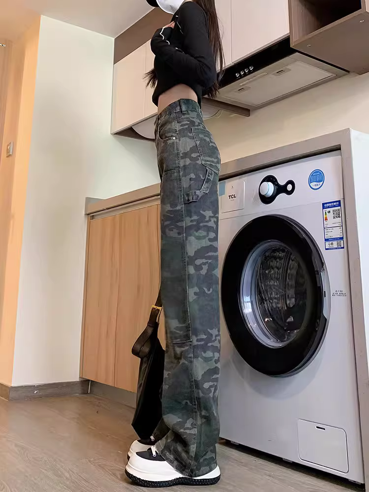 Quần cargo kiểu Mỹ La Chapelle dành cho nữ, mẫu mới thu 2025, cạp cao, dáng nhỏ nhắn, dài chấm đất, ống rộng thẳng