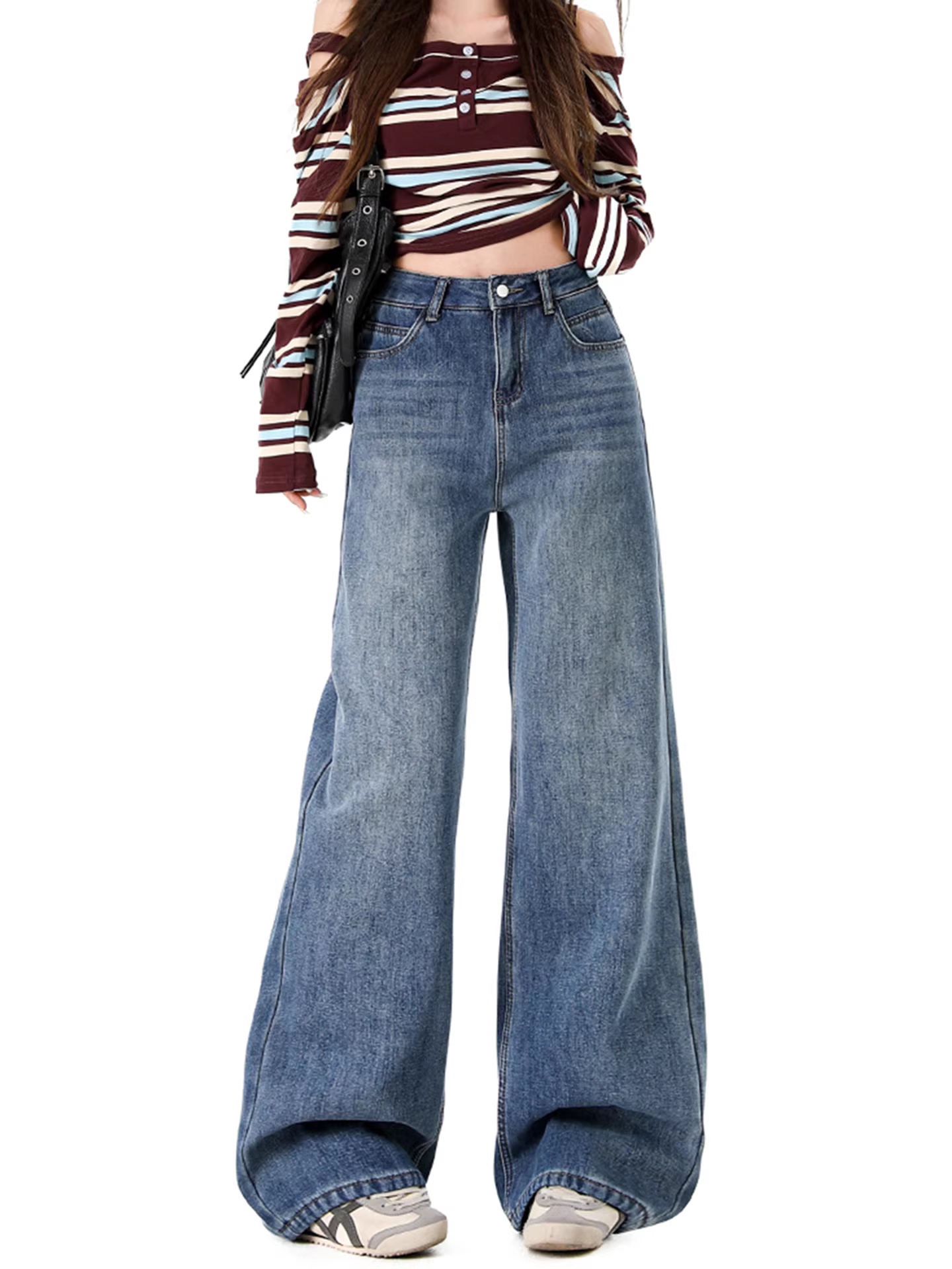 Quần jeans ống rộng lót lông dày kiểu La Chapelle dành cho nữ, mẫu mới thu đông 2025, cạp cao, dáng rộng, thẳng