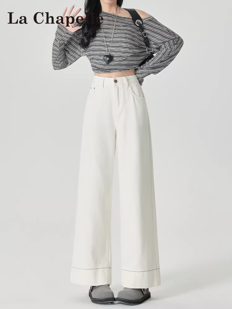 Quần jeans trắng La Chapelle dáng rộng, cạp cao, chất liệu mềm mại, kiểu dáng suông rộng dành cho nữ, mẫu mới xuân thu 2025