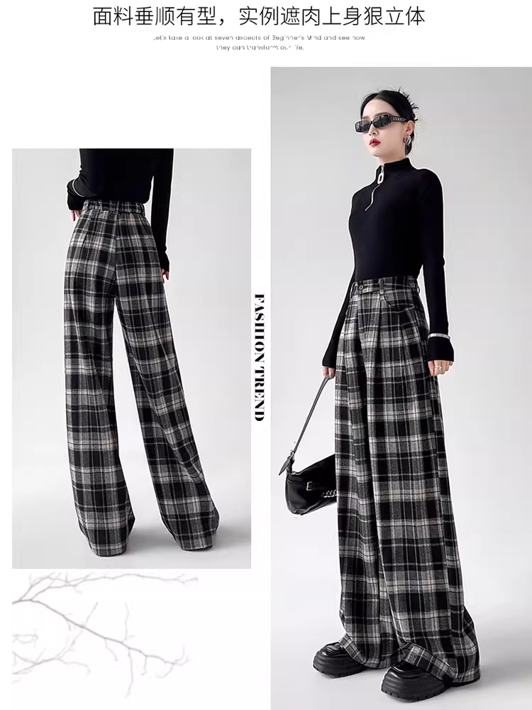 Quần ống rộng kẻ sọc đen La Chapelle dành cho phụ nữ nhỏ nhắn, mẫu mới thu đông 2025, cạp cao, chất liệu len, dáng thẳng, rộng rãi