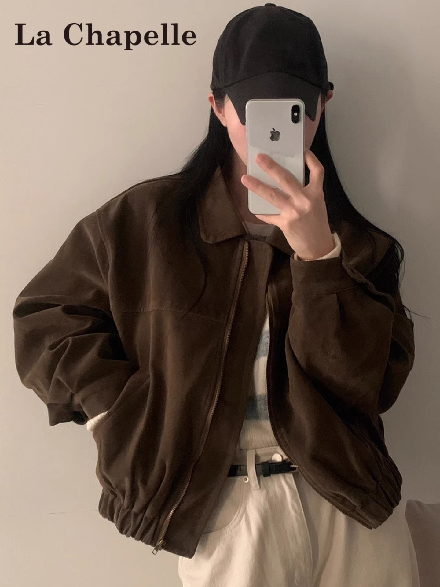 Áo khoác dài tay màu cà phê La Chapelle dành cho nữ, mùa thu đông 2025, kiểu dáng retro mới, áo khoác cardigan rộng rãi, kiểu áo khoác bóng chày