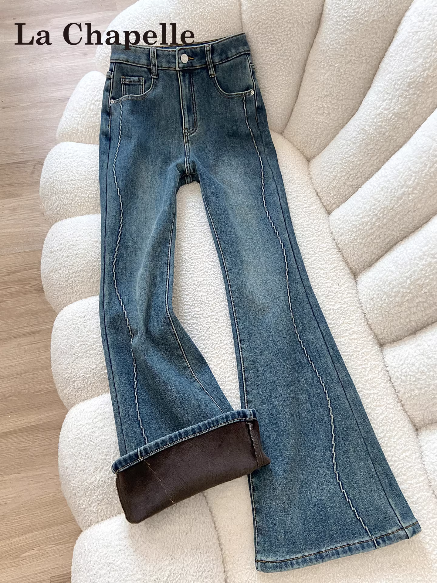 Quần jeans ống loe dày dặn lót lông cừu La Chapelle dành cho nữ, mẫu mới thu đông 2025, cạp cao