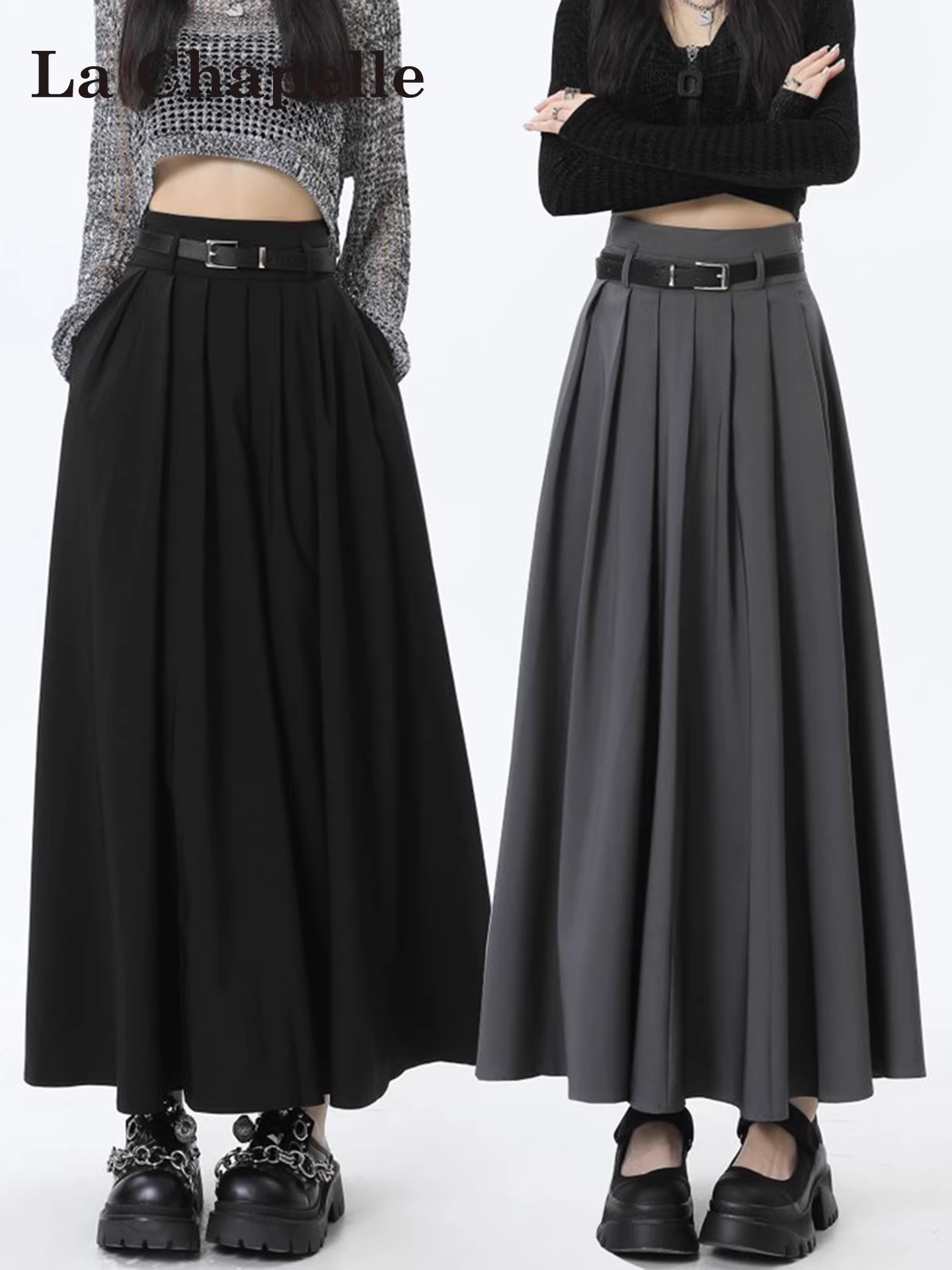 Chân váy midi xếp ly cao eo màu đen La Chapelle dành cho phụ nữ nhỏ nhắn, kiểu dáng thu đông mới 2025, che hông và tạo hiệu ứng xếp ly.