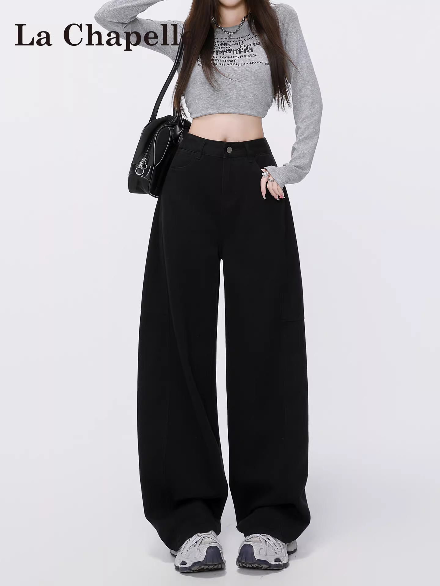 Quần jeans đen La Chapelle ống rộng dành cho nữ, kiểu mới thu đông 2025, quần dáng suông lưng cao, size nhỏ.