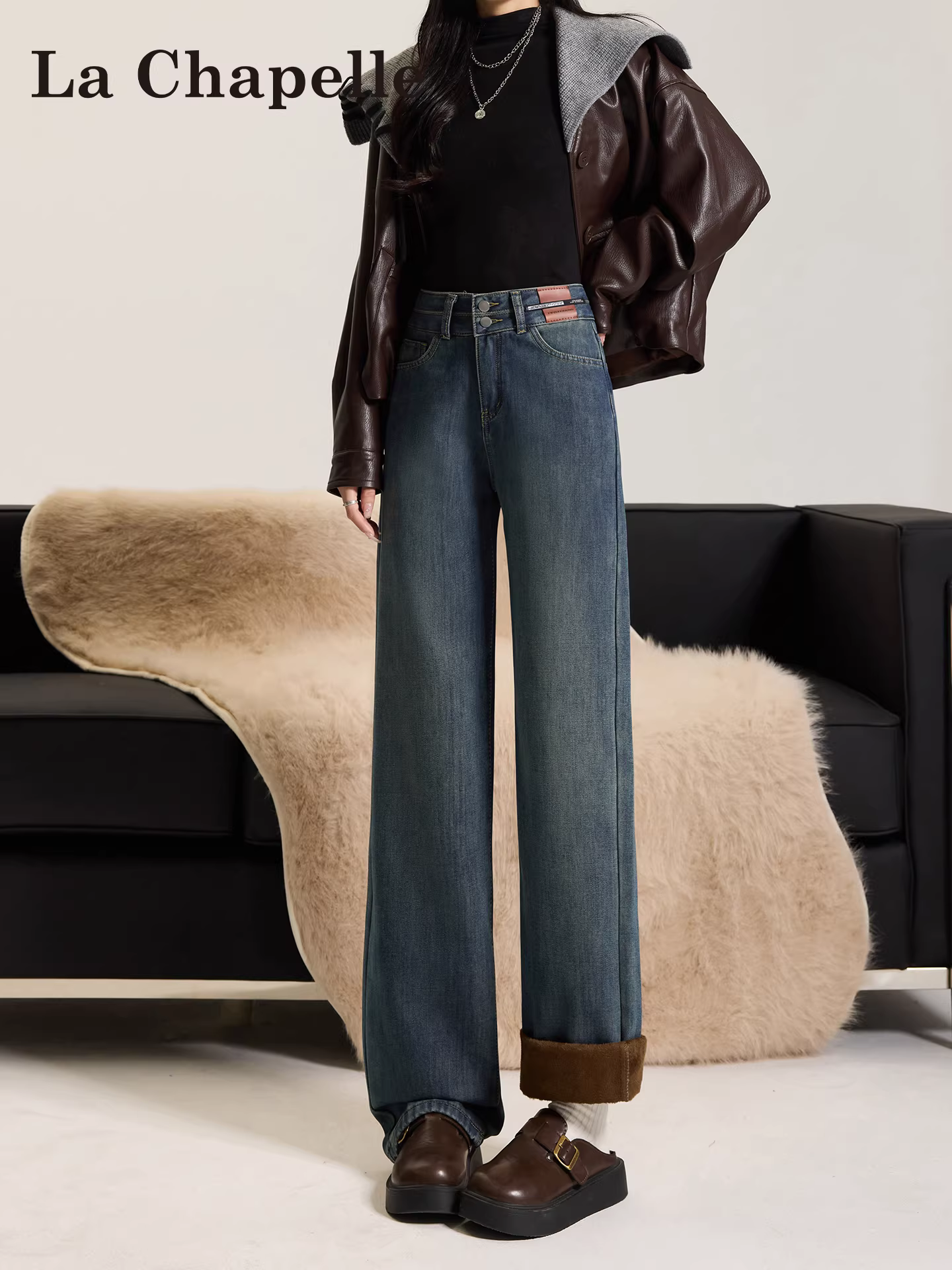 Quần jeans ống rộng dày dặn lót lông La Chapelle dành cho nữ, mùa thu đông 2025, kiểu dáng mới, cạp cao, tôn dáng, chất liệu mềm mại