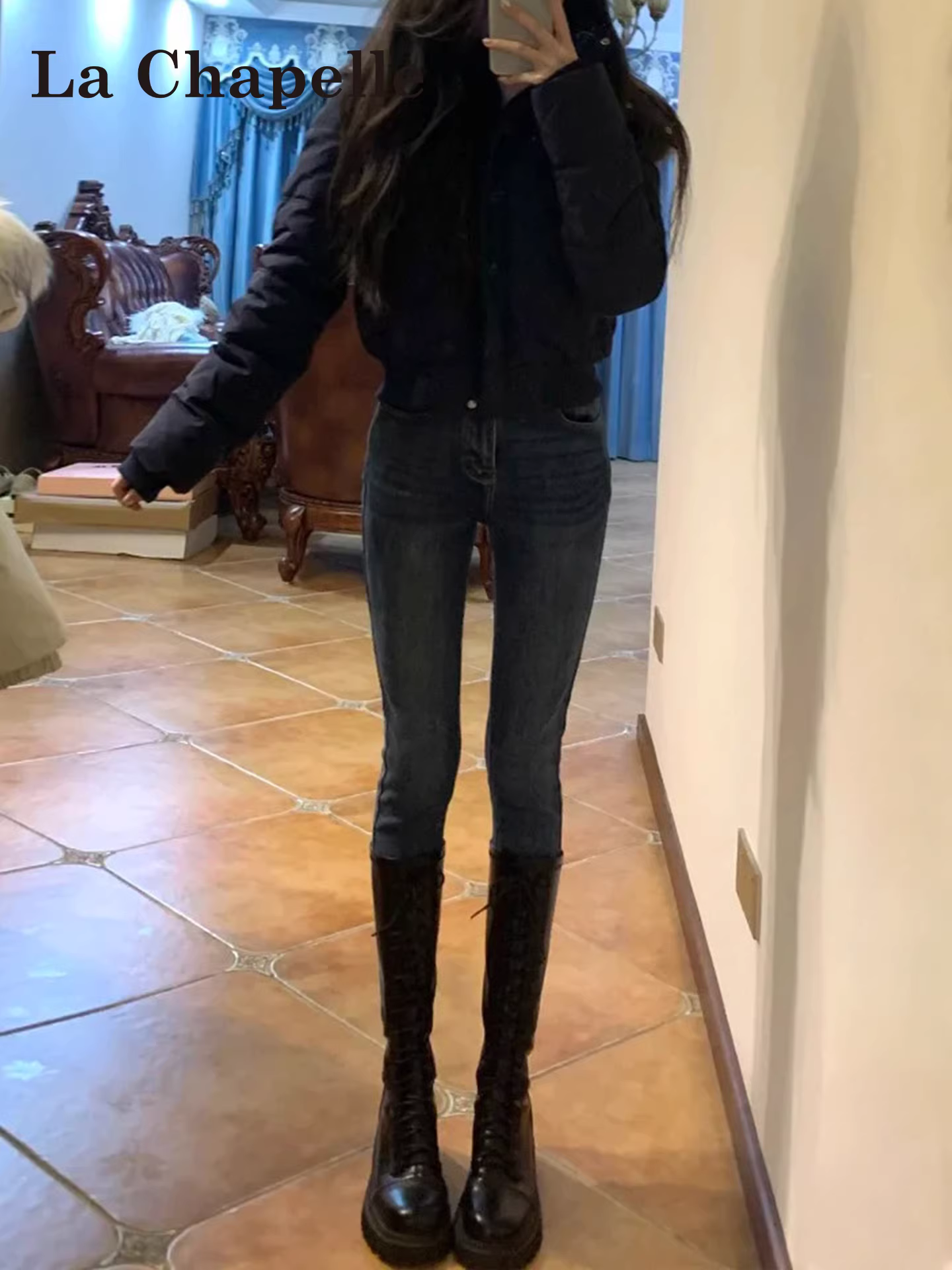 Quần jean ôm dáng lót lông La Chapelle dành cho nữ, kiểu mới thu đông 2025, quần bút chì cạp cao tôn dáng, size nhỏ.