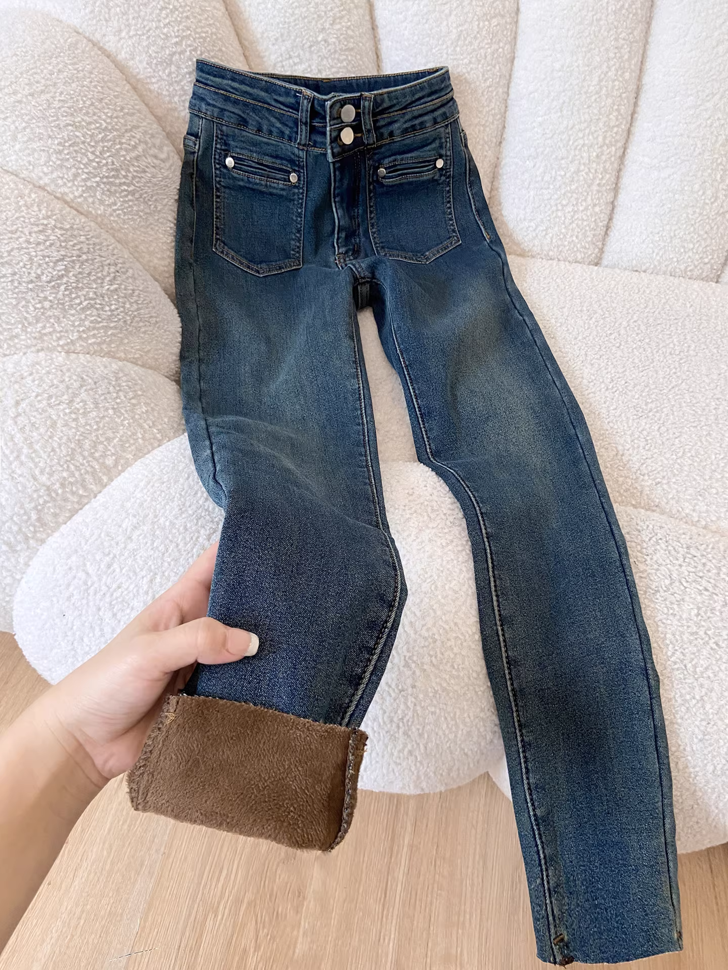 Quần jean nữ La Chapelle lót lông dày, dáng ôm, cạp cao, kiểu dáng bút chì, mới thu đông 2025