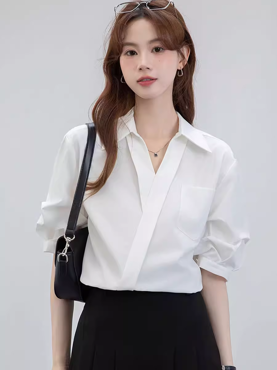 Áo sơ mi ngắn tay kiểu Pháp La Chapelle dành cho nữ, mẫu mới mùa hè 2025, siêu thời trang, thích hợp đi làm và trang phục công sở.