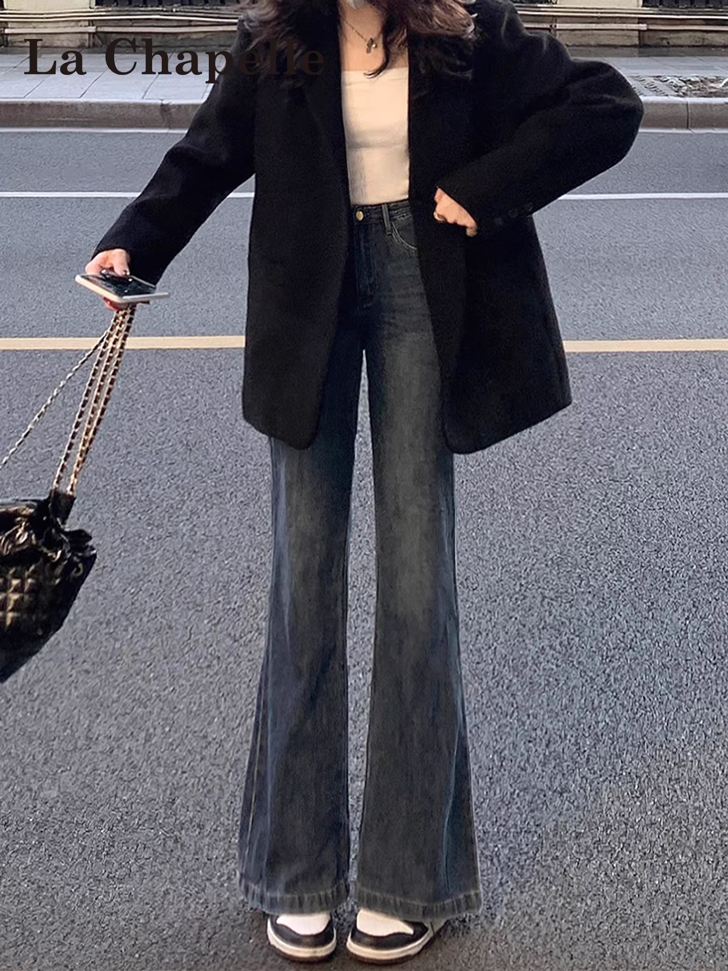 Quần jeans xòe màu xanh xám kiểu Mỹ La Chapelle dành cho nữ, mùa thu đông 2025, kiểu dáng mới, cạp cao, ôm dáng, ống chuông