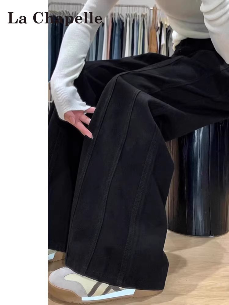 Quần jeans đen rộng ống La Chapelle dành cho nữ, mẫu mới thu đông 2025, cạp cao, lót lông, dài chấm đất, dáng thẳng
