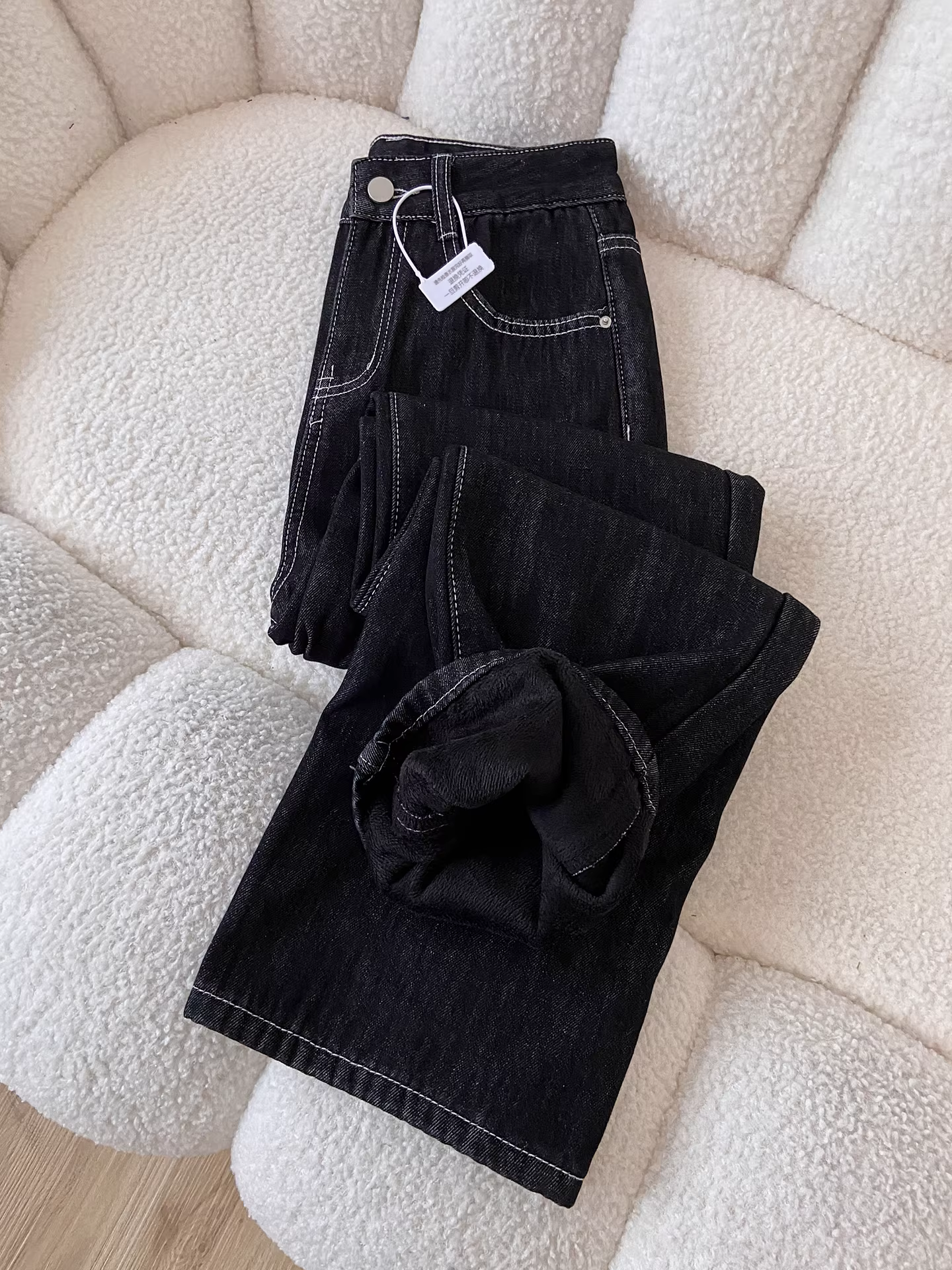 Quần jeans ống rộng dày lót lông cừu đen La Chapelle dành cho nữ, kiểu dáng Mỹ, cạp cao, thẳng, mới thu đông 2025