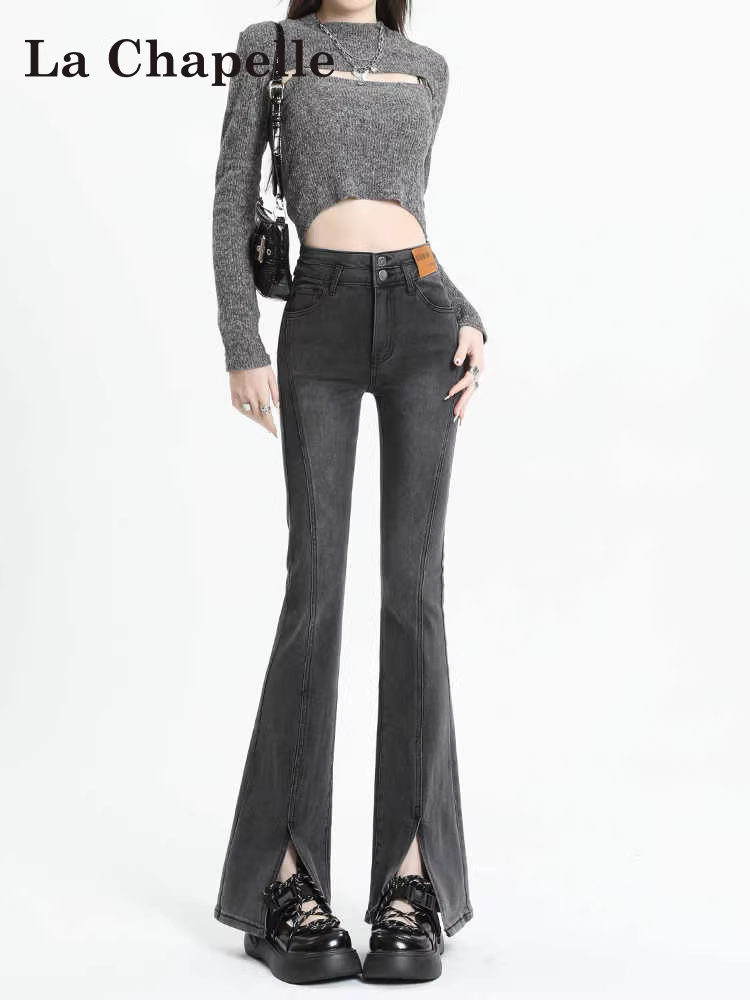 Quần jeans xẻ tà màu xám La Chapelle dành cho nữ, mẫu mới thu đông 2025, cạp cao, ôm dáng, lót lông, kiểu chuông