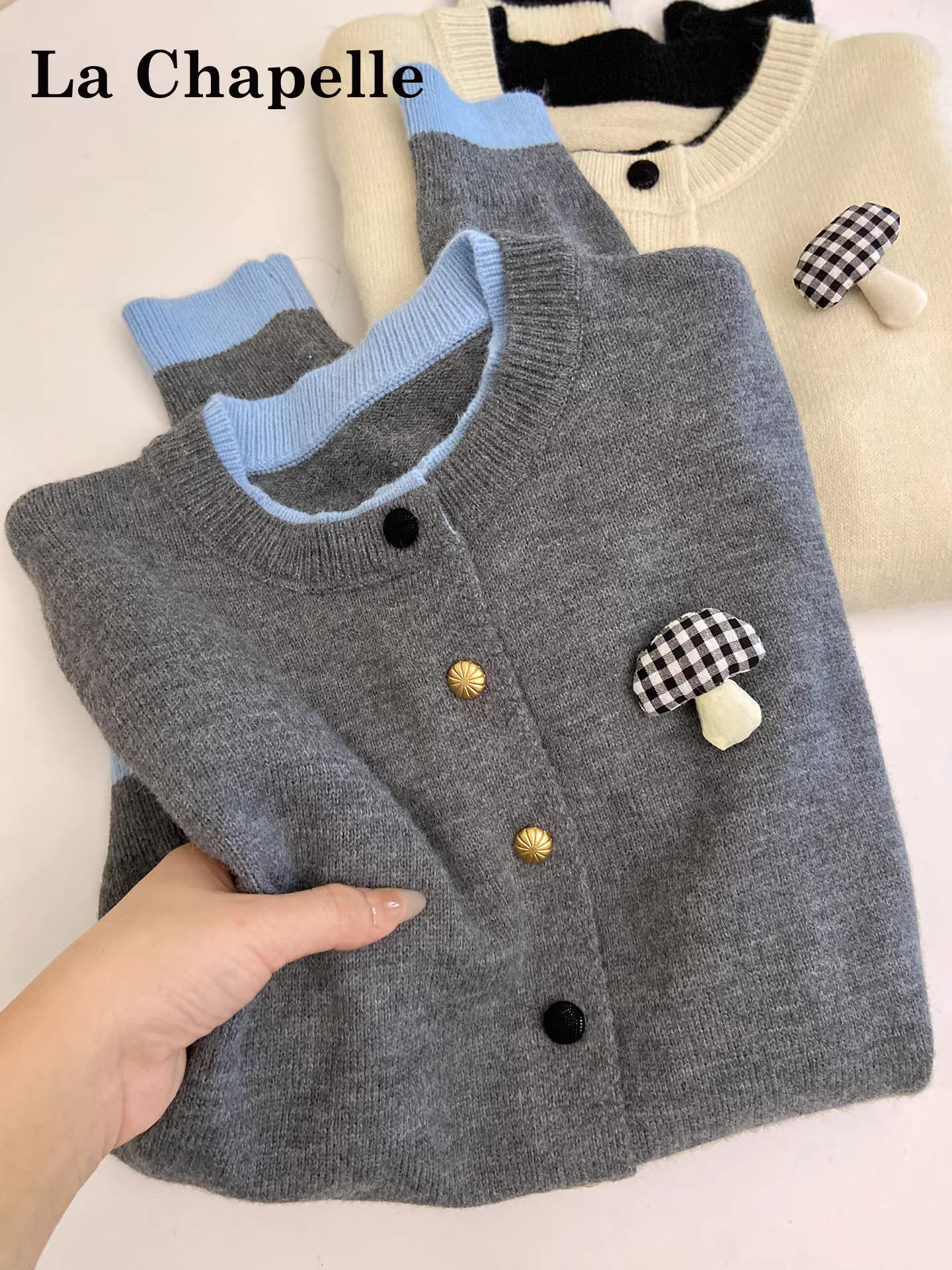 Áo len dệt kim cổ tròn màu xám đậm La Chapelle dành cho nữ, kiểu dáng mùa đông mới 2025, phong cách lười biếng, rộng rãi.