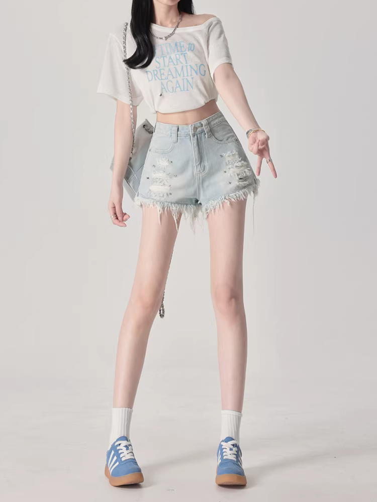 Quần short denim rách màu sáng La Chapelle dành cho nữ, quần short dáng chữ A mỏng lưng cao mới mùa hè 2025