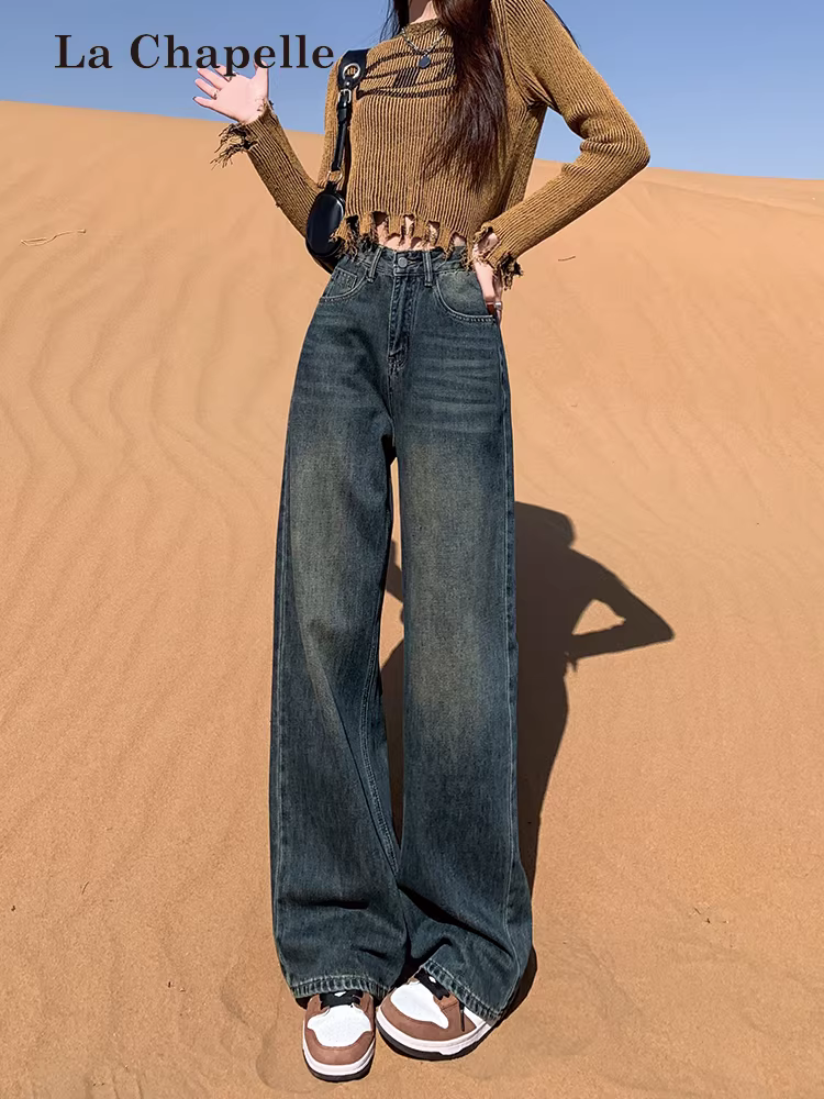 Quần jeans ống rộng La Chapelle kiểu retro dành cho nữ, thu đông 2025, chất dày dặn, cạp cao, dáng rộng, lót lông mềm mại.