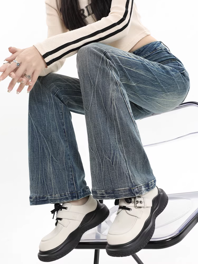 Quần jean La Chapelle dáng loe dành cho nữ, kiểu mới thu đông 2025, lót lông cừu, cạp cao cổ điển, không bó sát, kiểu ống loe.