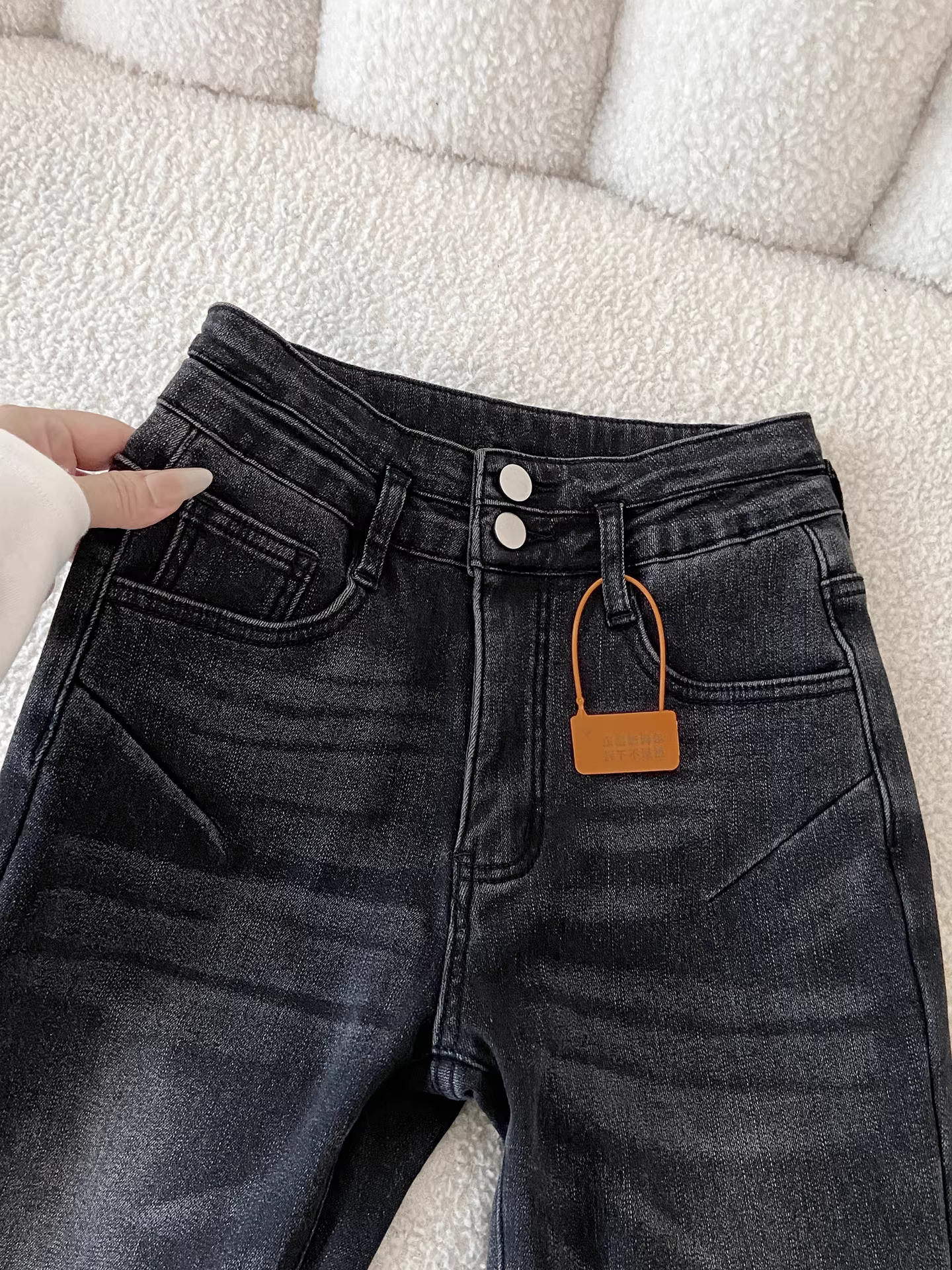 Quần jeans nữ La Chapelle lót lông dày, dáng ôm, cạp cao, kiểu dáng bút chì, mới thu đông 2025