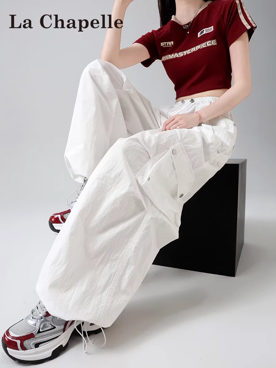 Quần cargo ống rộng nhanh khô màu trắng La Chapelle dành cho nữ, mẫu mới hè 2025, cạp cao, mỏng, rộng rãi, kiểu thể thao