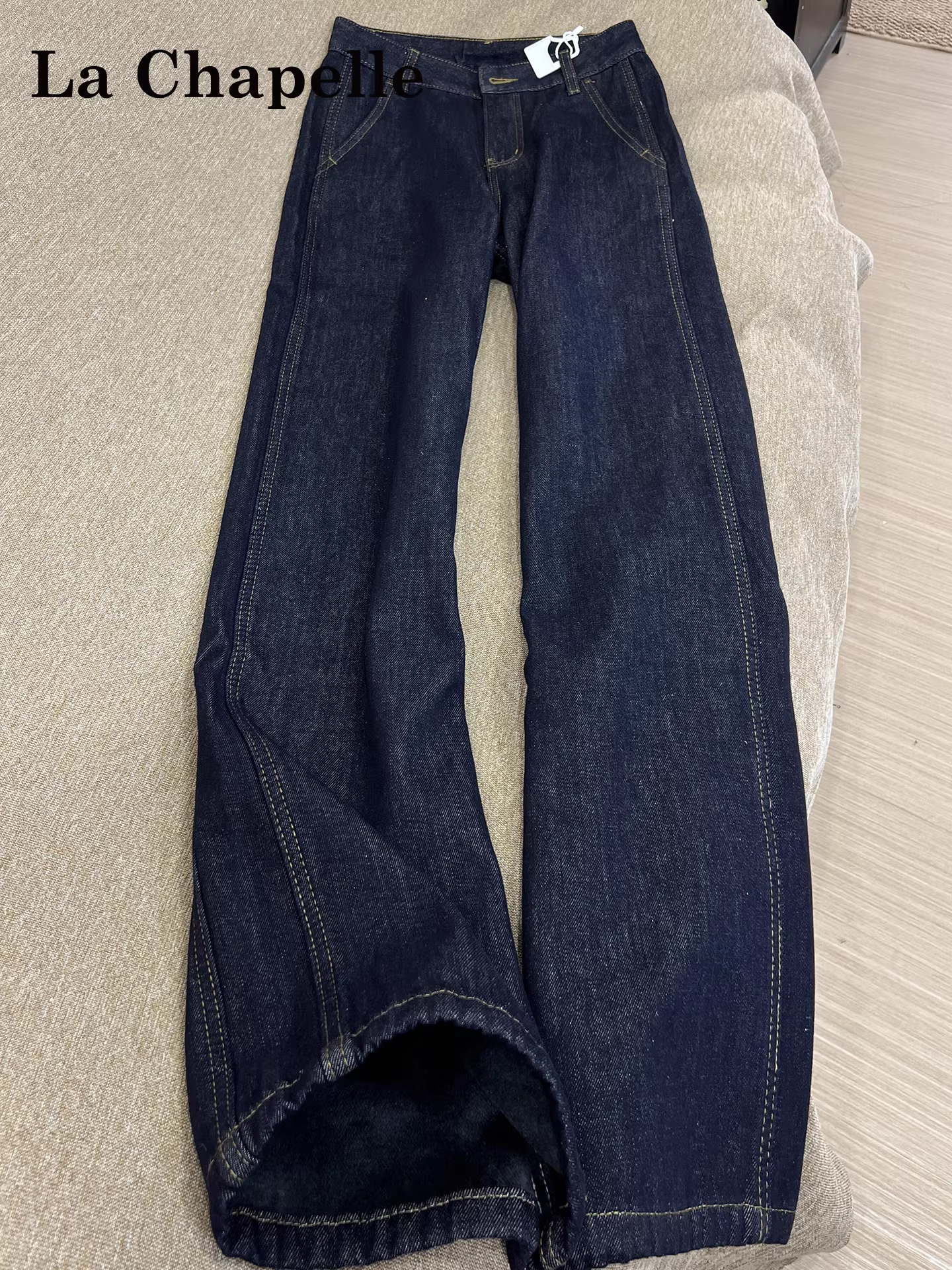 Quần jeans ống rộng lưng cao dày dặn lót lông cừu La Chapelle dành cho nữ, mẫu mới thu đông 2025, dáng rộng thẳng