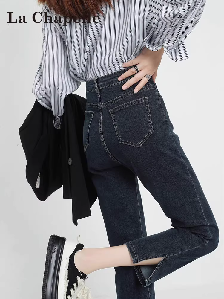 Quần jeans La Chapelle dáng ôm thẳng dành cho nữ, mẫu mới thu đông 2025, cạp cao, co giãn, xẻ tà, kiểu dáng cigarette ngắn