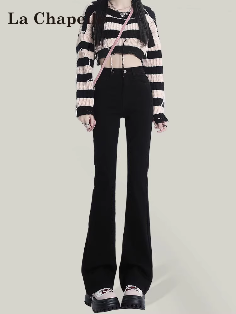 Quần jeans đen dáng loe La Chapelle dành cho nữ, mẫu mới thu đông 2025, lót lông, cạp cao, ôm dáng, ống chuông