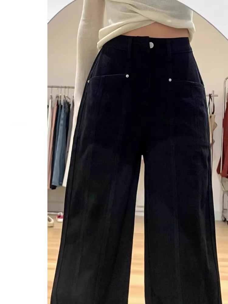 Quần jeans đen rộng ống La Chapelle dành cho nữ, mẫu mới thu đông 2025, cạp cao, lót lông, dài chấm đất, dáng thẳng