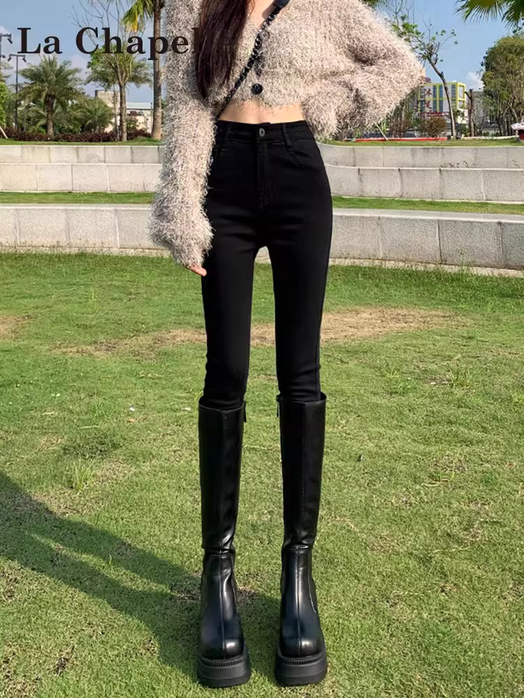 Quần jeans đen La Chapelle dáng ôm cho nữ, thu đông 2025, kiểu dáng mới, cạp cao, ôm sát, lót lông, kiểu dáng bút chì