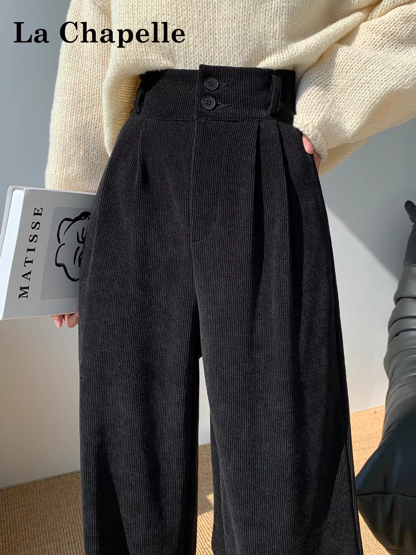 Quần ống rộng lót lông cừu đen La Chapelle dành cho nữ, mẫu mới thu đông 2025, dáng rộng vừa vặn, kiểu thẳng, phong cách thường ngày