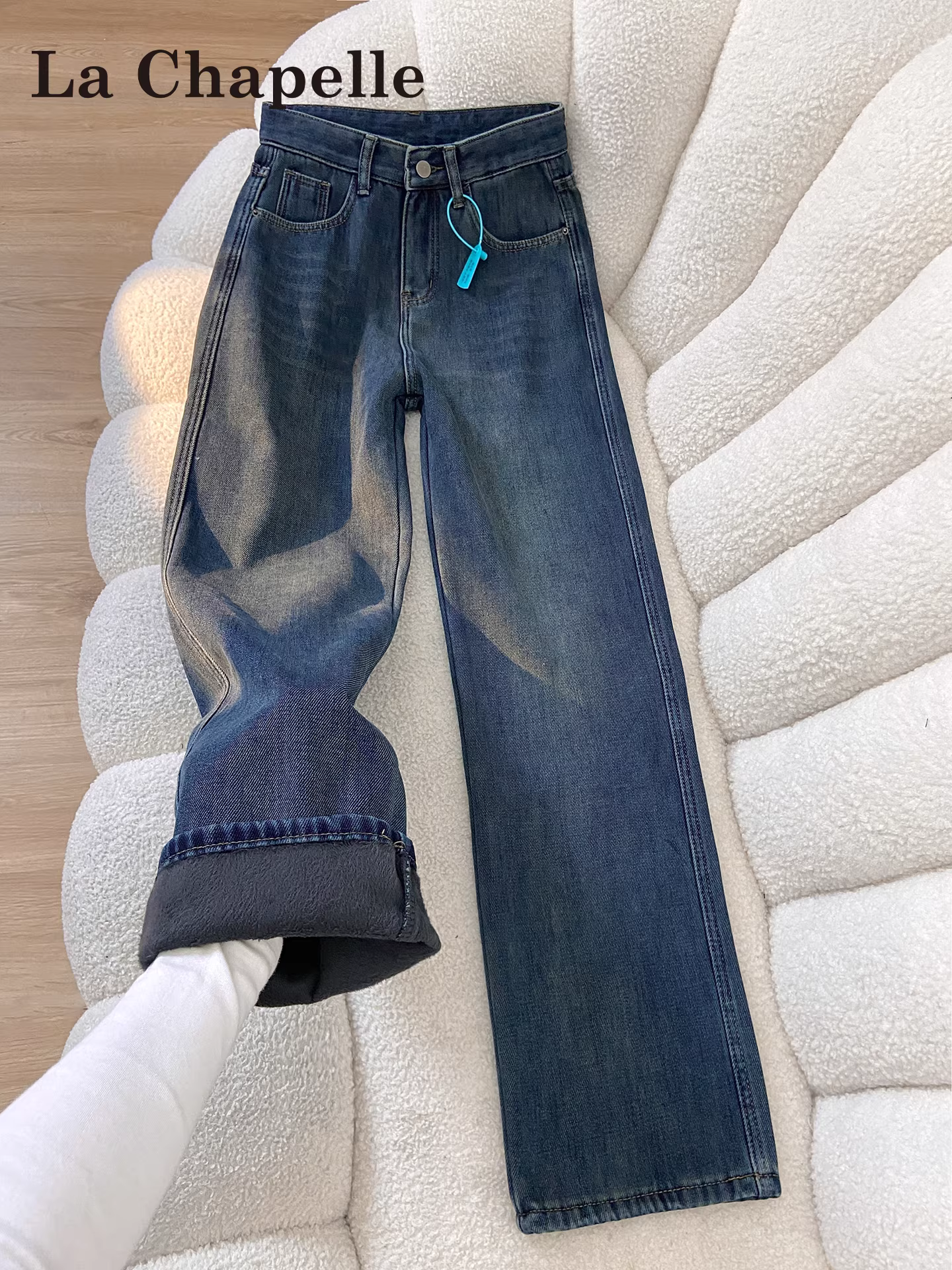 Quần jeans ống rộng lót lông dày kiểu La Chapelle dành cho nữ, mẫu mới thu đông 2025, cạp cao, dáng rộng, thẳng