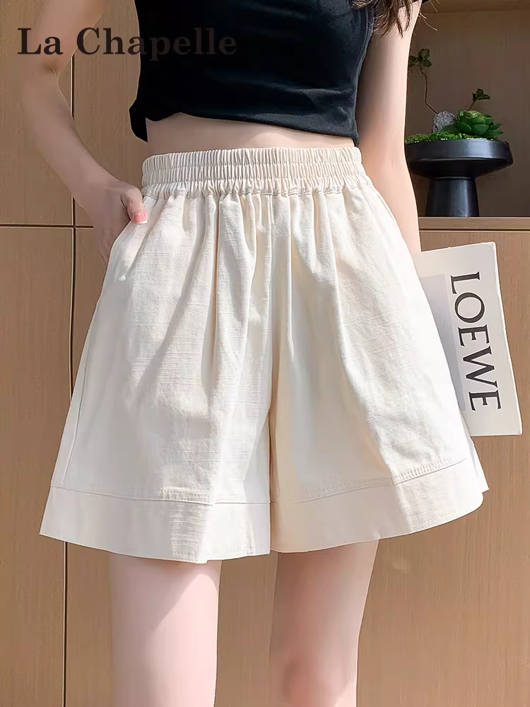 Quần short thể thao La Chapelle dáng rộng năm điểm dành cho nữ, mẫu mới hè 2025, cạp cao, tôn dáng, kiểu dáng chữ A, màu trắng, dài ngang đùi