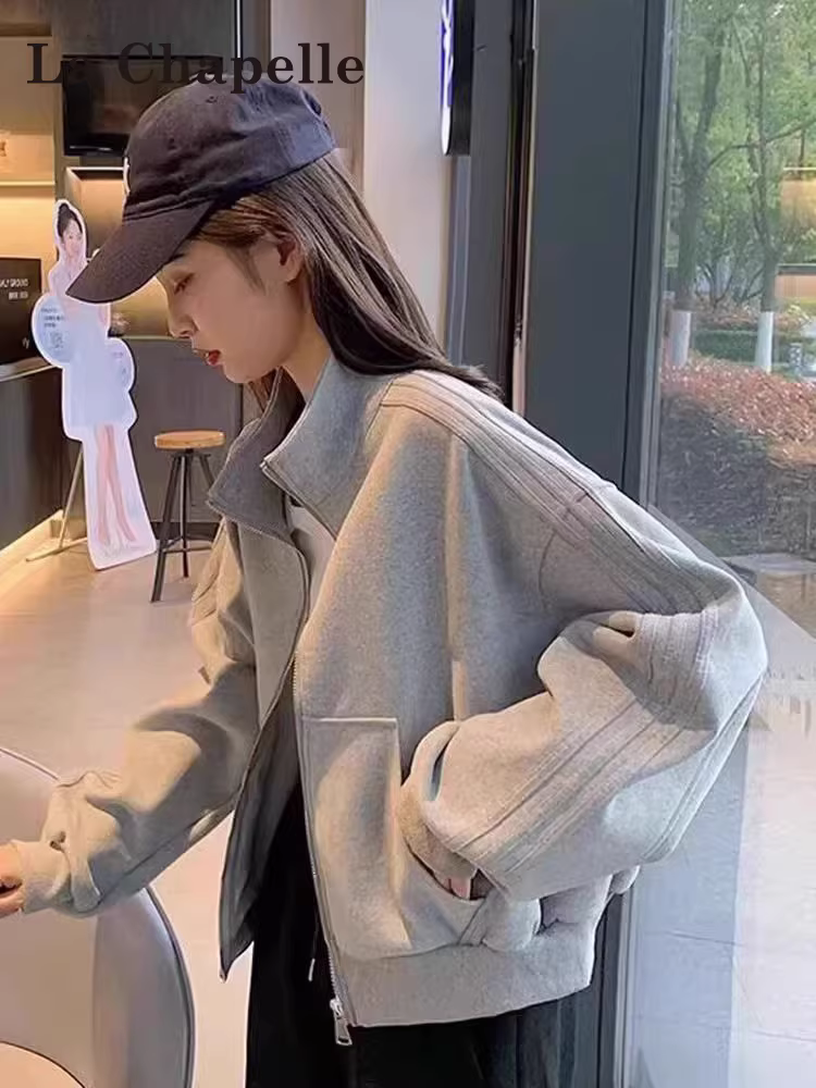 Áo khoác cardigan ngắn màu xám La Chapelle có khóa kéo dành cho nữ, mẫu mới thu đông 2025, dáng rộng, size nhỏ