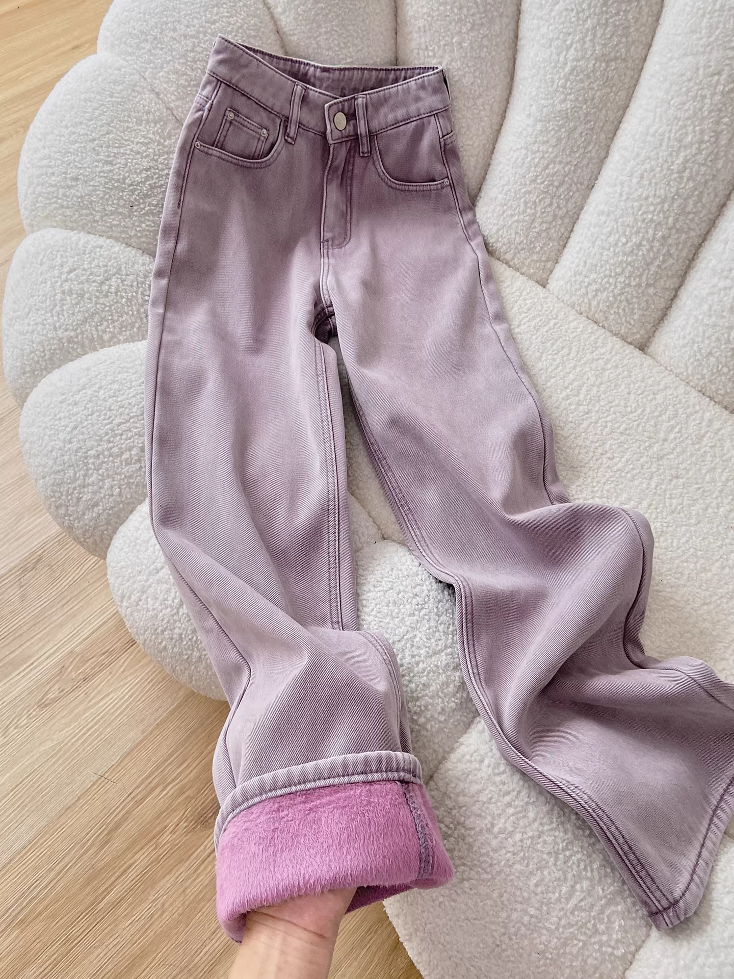 Quần jeans ống rộng lót lông trắng La Chapelle dành cho nữ, mẫu mới thu đông 2025, cạp cao, dáng thẳng, tôn dáng