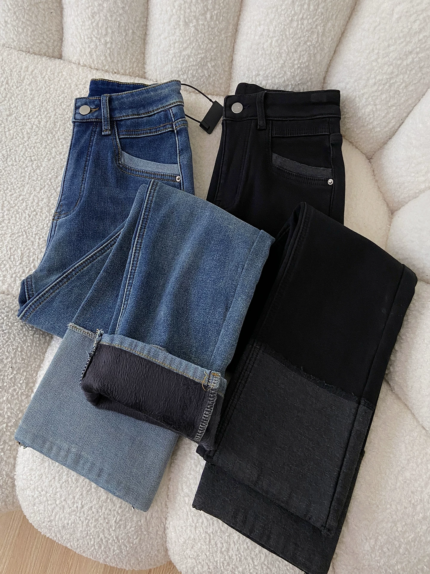 Quần jeans ống đứng dày lót lông La Chapelle dành cho nữ, mẫu mới thu đông 2025, cạp cao, ôm dáng, kiểu dáng quần thuốc lá