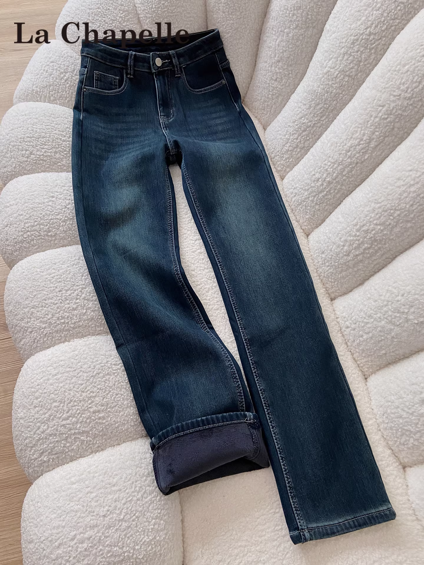 Quần jeans ống đứng lót lông cừu La Chapelle kiểu retro dành cho nữ, mẫu mới thu đông 2025, cạp cao, ôm dáng, kiểu dáng quần thuốc lá