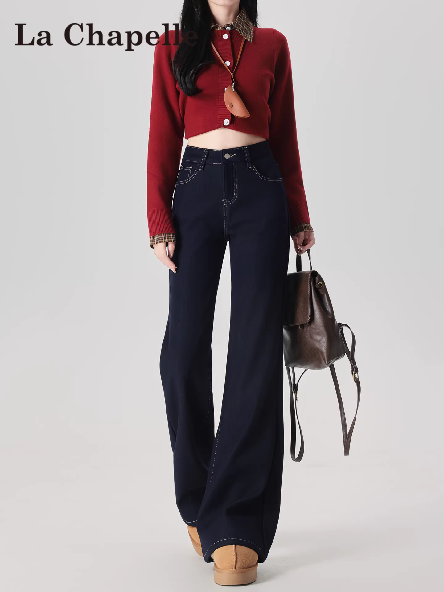 Quần jeans nữ La Chapelle kiểu dáng retro, lót lông dày, ống loe, mùa thu đông 2025, cạp cao, ôm dáng, kiểu chuông