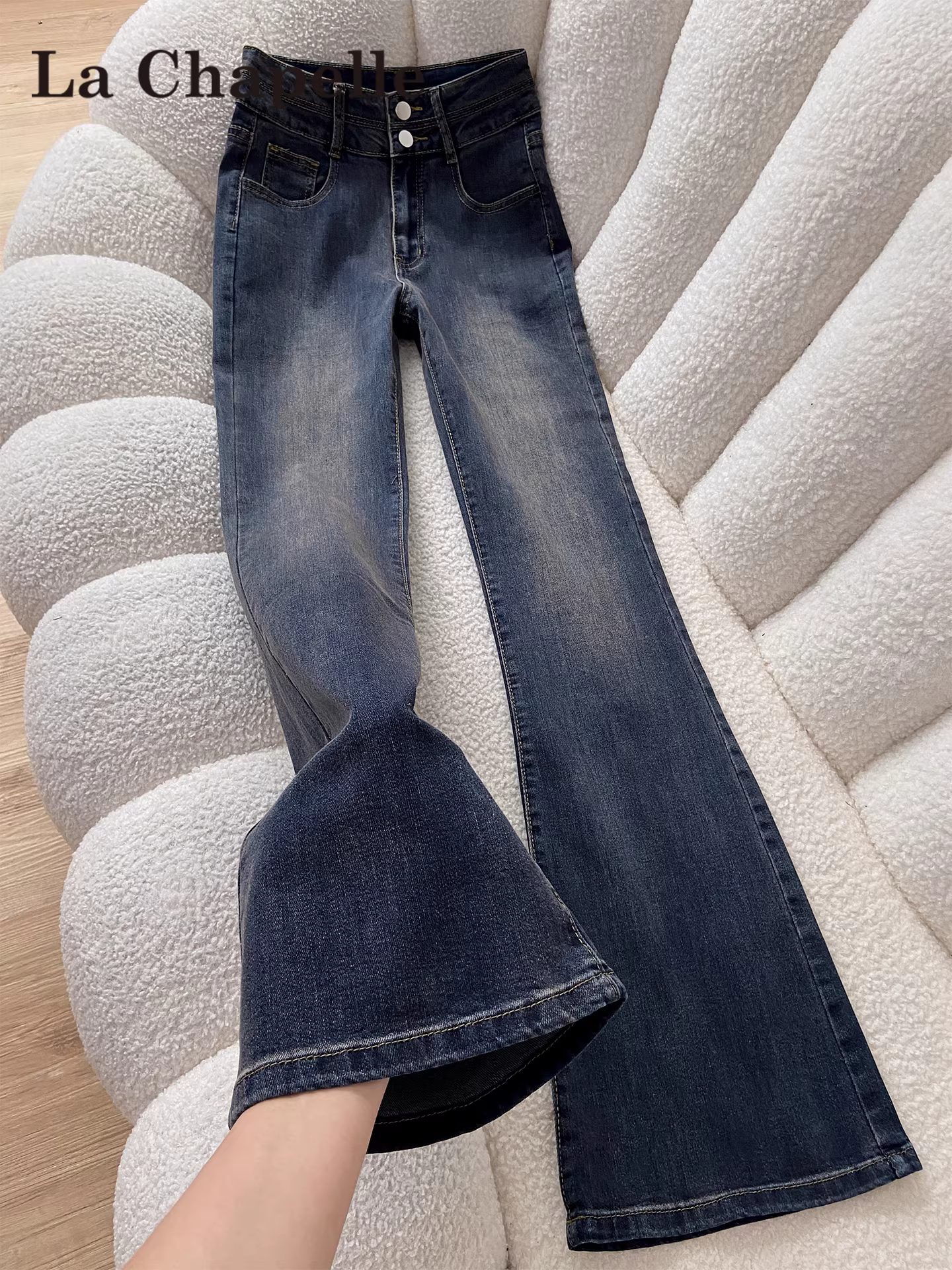 Quần jean ống loe lót lông phong cách Mỹ La Chapelle dành cho nữ, mẫu mới thu đông 2025, kiểu retro, cạp cao, tôn dáng, ống chuông