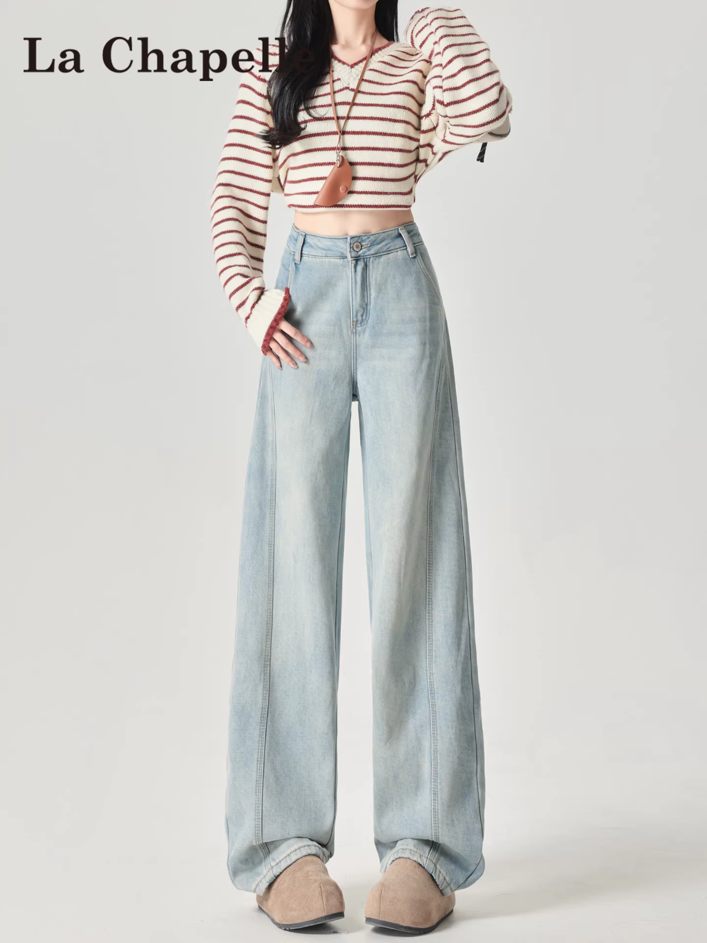 Quần jeans ống rộng dày dặn lót lông màu sáng La Chapelle dành cho nữ, mùa thu đông 2025, kiểu dáng mới, cạp cao, dáng rộng, thẳng.