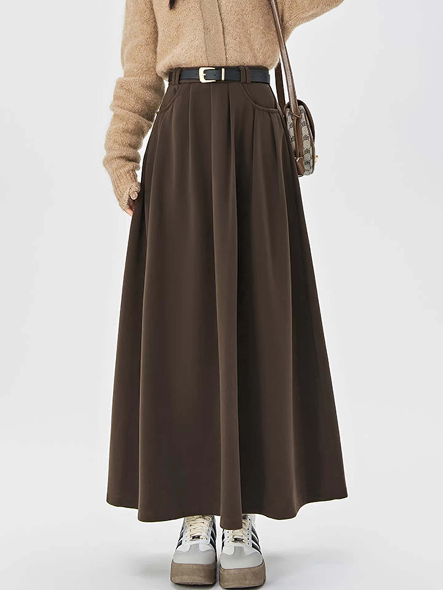 Váy len xám dáng xòe La Chapelle dành cho nữ, mẫu mới thu đông 2025, cạp cao, che hông, tôn dáng, dài qua gối