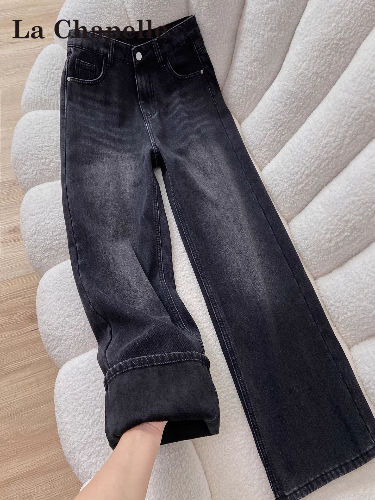 Quần jean ống rộng lót lông cừu đen kiểu Mỹ La Chapelle dành cho nữ, quần ống rộng lưng cao dáng thẳng mới mùa thu đông 2025