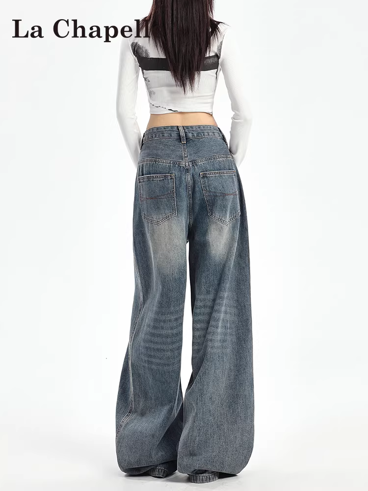 Quần jeans La Chapelle dáng rộng, ống rộng, kiểu retro dành cho nữ, mẫu mới thu đông 2025, cạp cao, lót lông, dáng thẳng, size nhỏ