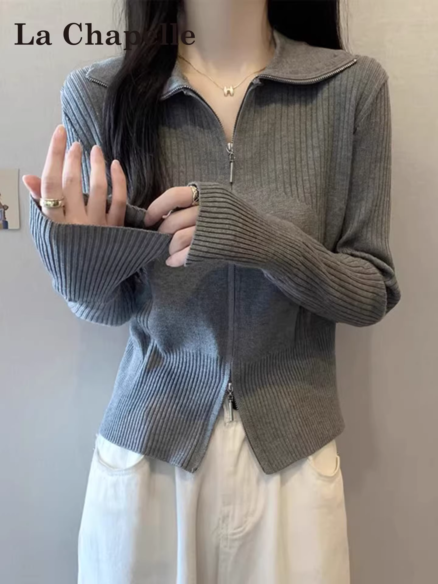 Áo len dệt kim dài tay cổ polo màu xám La Chapelle dành cho nữ, áo khoác cardigan dáng ôm có khóa kéo đôi mới mùa thu đông