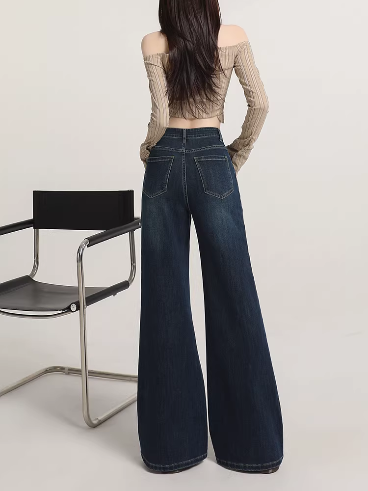 Quần jeans La Chapelle dáng loe retro nữ 2025 mới thu đông, cạp cao, rộng thùng thình, ống chuông