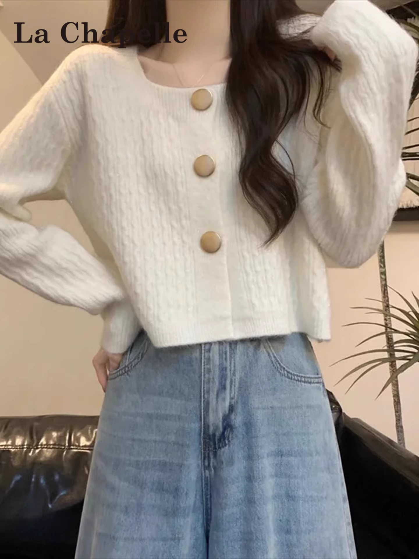 Áo cardigan len dệt kim cổ vuông màu trắng La Chapelle dành cho nữ, mẫu mới thu đông 2025, kiểu dáng ngắn, size nhỏ nhắn