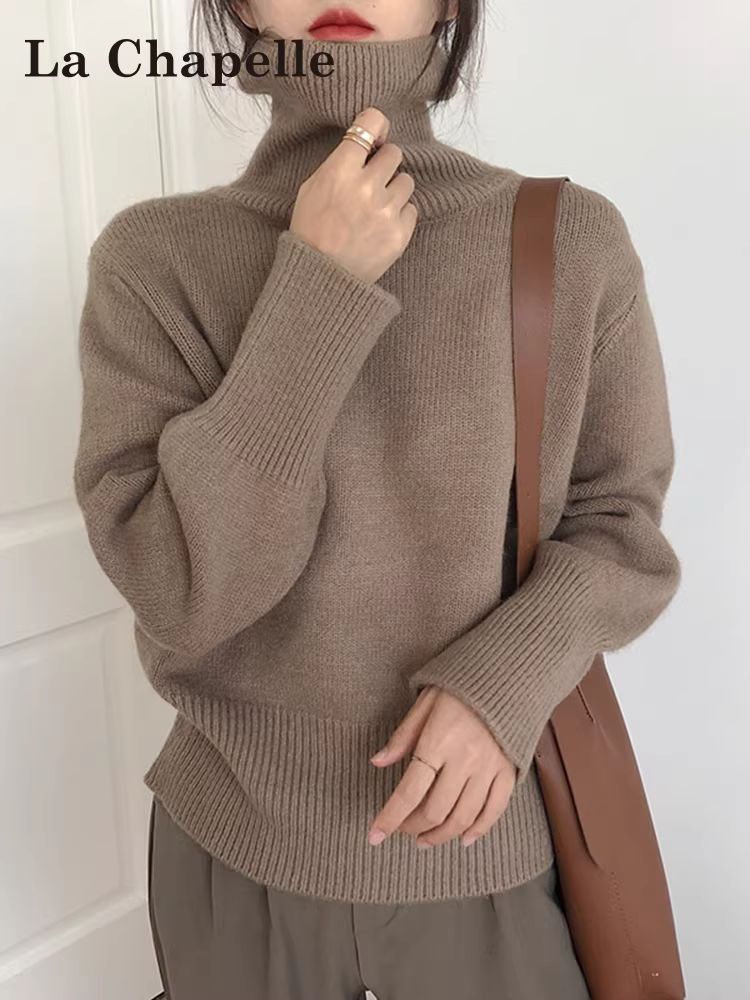 Áo len cao cổ tay dài La Chapelle dành cho nữ, mẫu mới thu đông 2025, kiểu dáng rộng rãi, thoải mái, chất liệu dệt kim mặc trong.