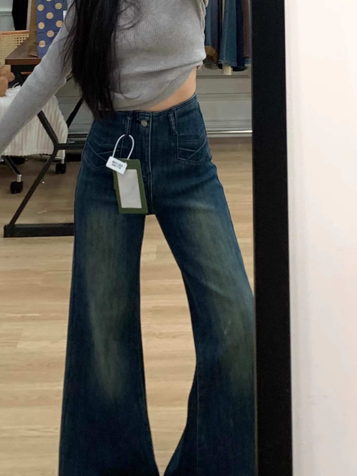 Quần jeans ống loe dày dặn lót lông cừu La Chapelle dành cho nữ, mẫu mới mùa đông 2025, cạp cao, dáng xòe