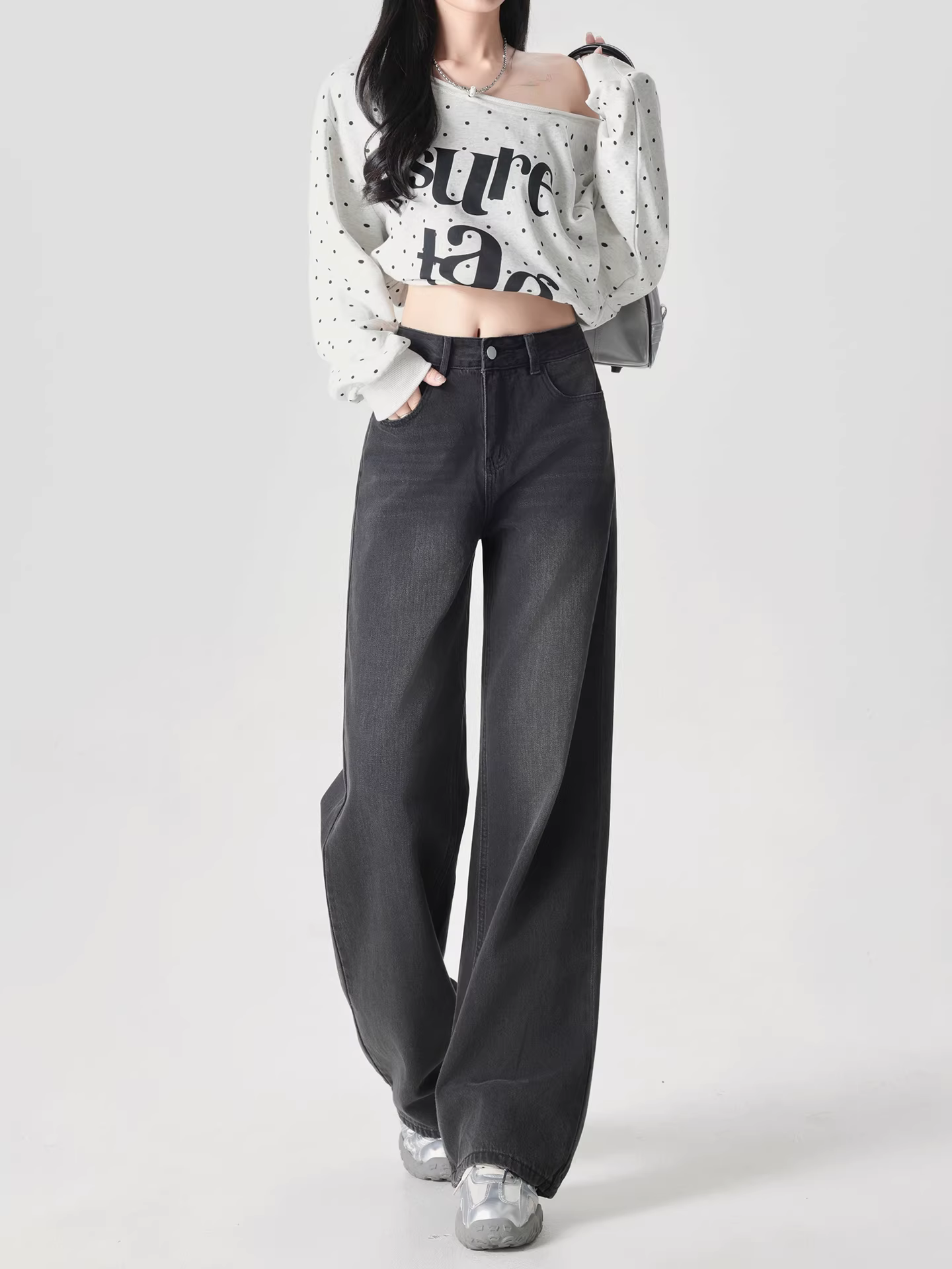 Quần jeans đen dáng rộng kiểu Mỹ La Chapelle dành cho nữ, mẫu mới thu đông 2025, dáng suông rộng, size nhỏ