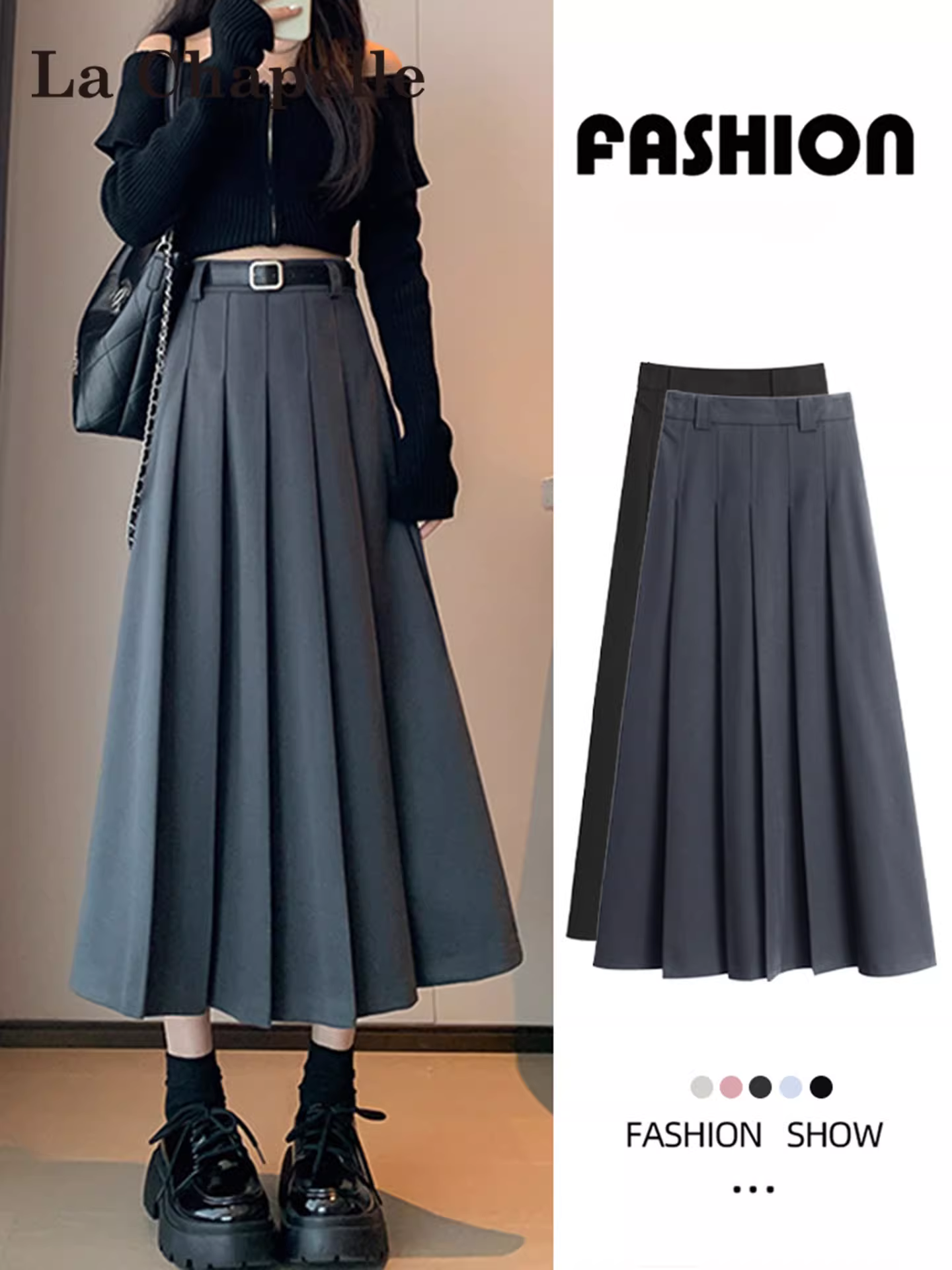 Váy xếp ly màu xám La Chapelle dành cho nữ, mẫu mới thu đông 2025, chất liệu len, dáng chữ A, dài ngang đùi, cạp cao